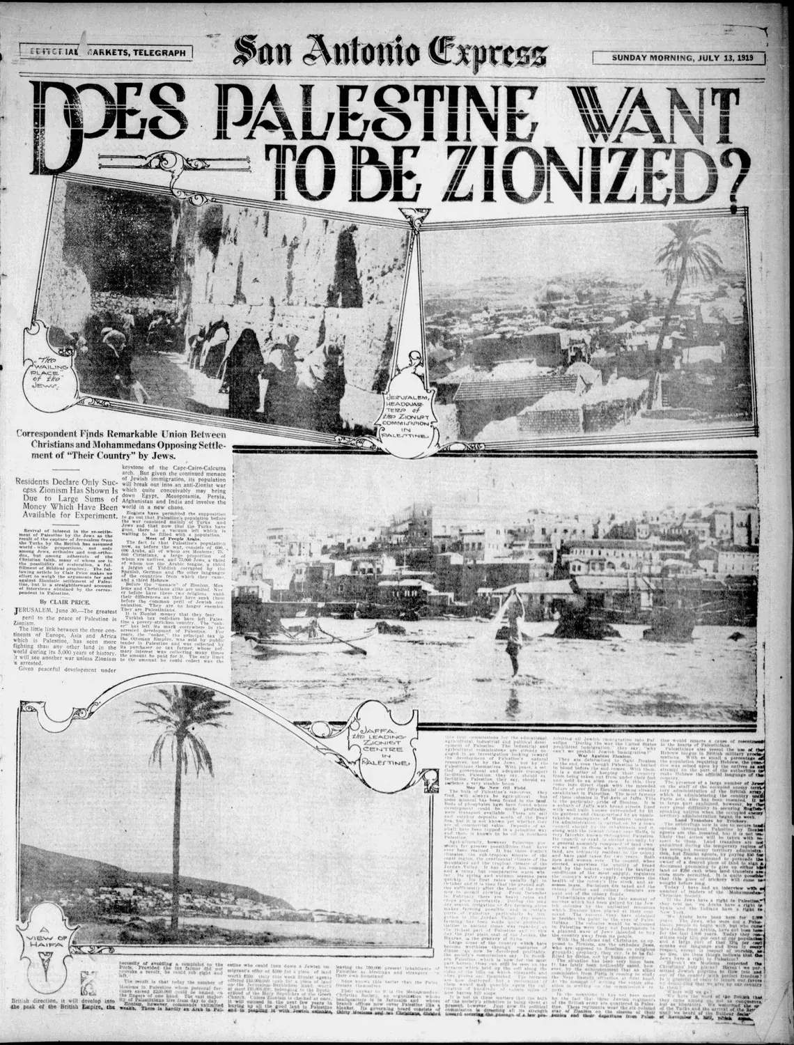 Does Palestine Want To Be Zionized? — San Antonio Express, 13 July 1919