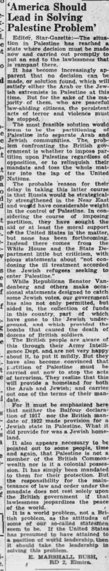 'America Should Lead in Solving Palestine Problem' — Elmira Star-Gazette, 1 January 1947
