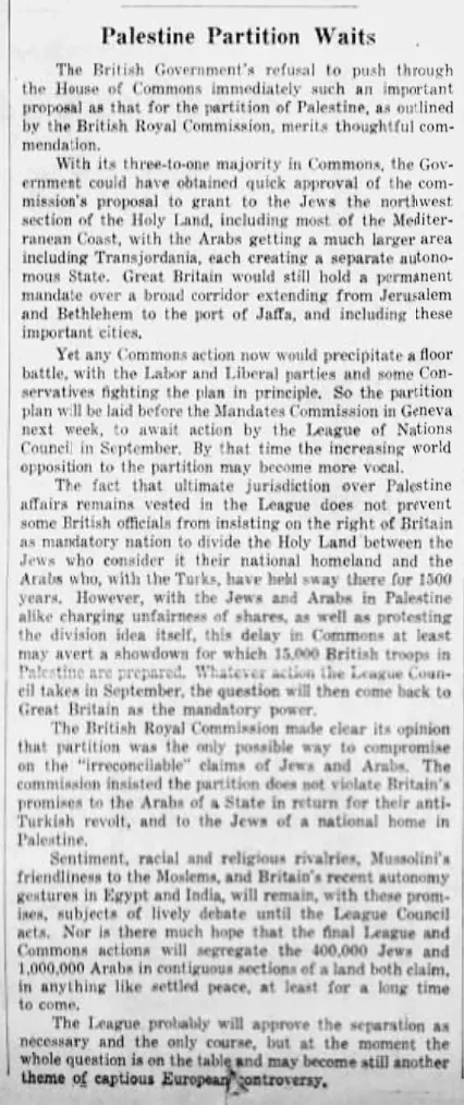 Palestine Partition Waits — The Philadelphia Inquirer, 23 July 1937