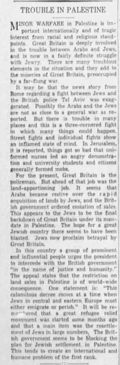 Trouble in Palestine — Tulsa World, 6 March 1940