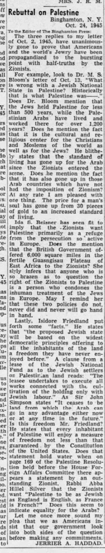 Rebuttal on Palestine — Binghamton Press, 27 October 1945