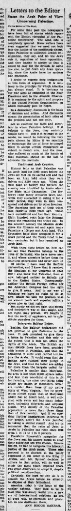 States the Arab Point of View Concerning Palestine — (newspaper unidentified), 1 January 1946