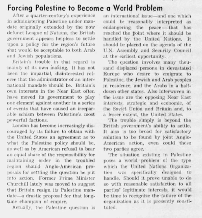 Forcing Palestine to Become a World Problem — (newspaper unidentified), 1 January 1947