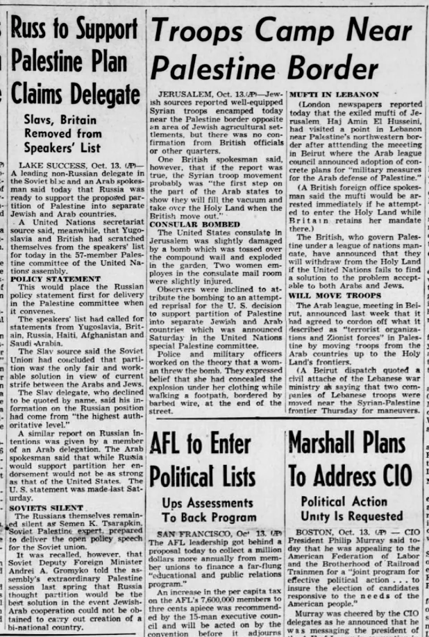 Russ to Support Palestine Plan — Reno Gazette-Journal, 13 October 1947