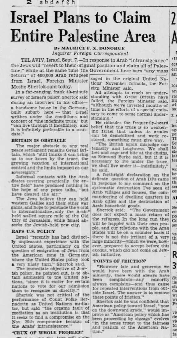 Israel Plans to Claim Entire Palestine Area — The Philadelphia Inquirer, 8 September 1948