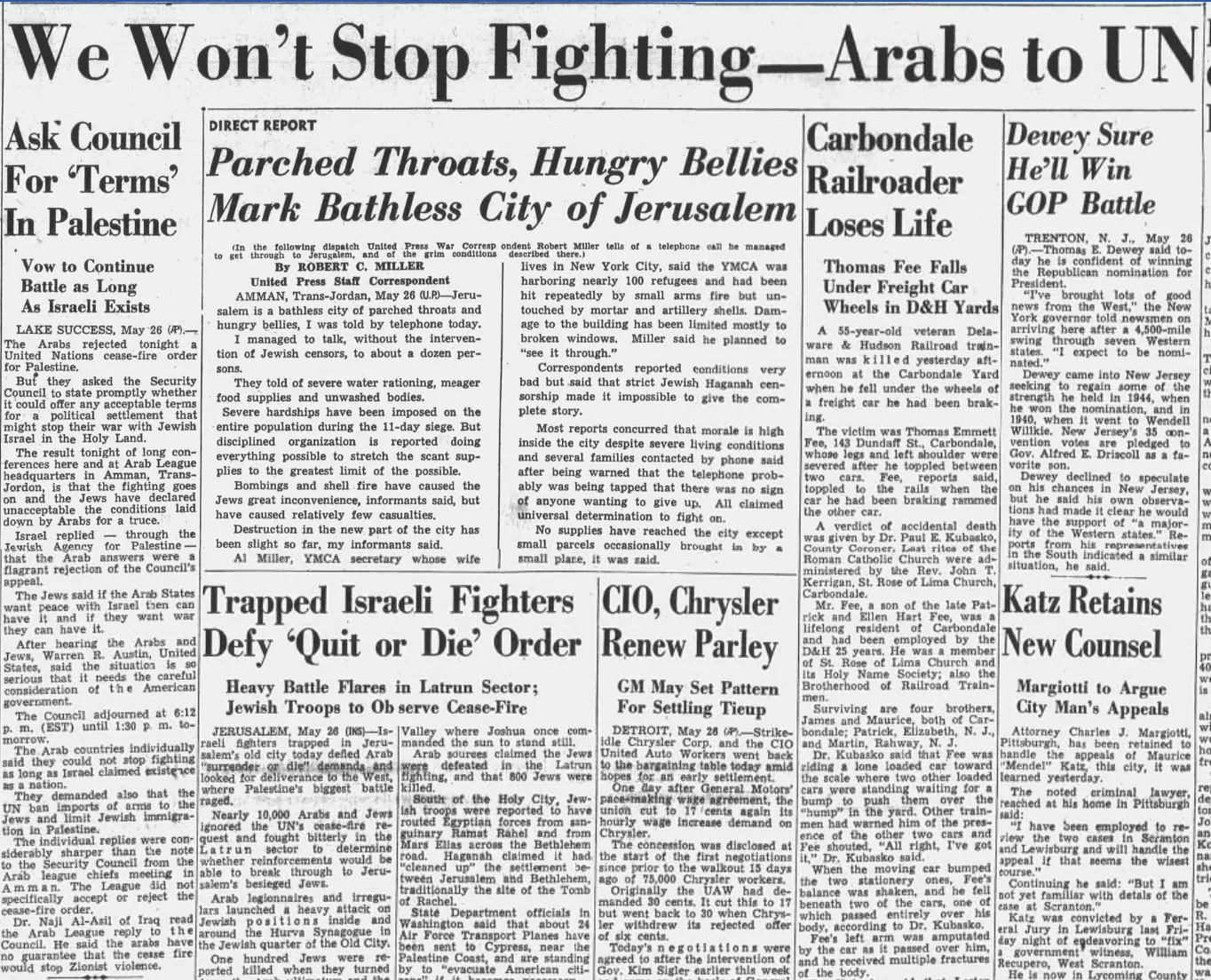 Parched Throats, Hungry Bellies Mark Bathless City of Jerusalem — The Tribune, 27 May 1948