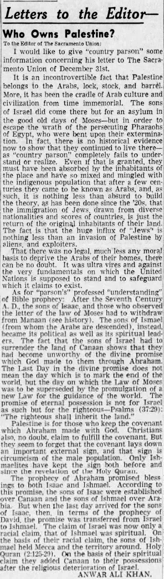 Who Owns Palestine? — Sacramento Union, 3 January 1955