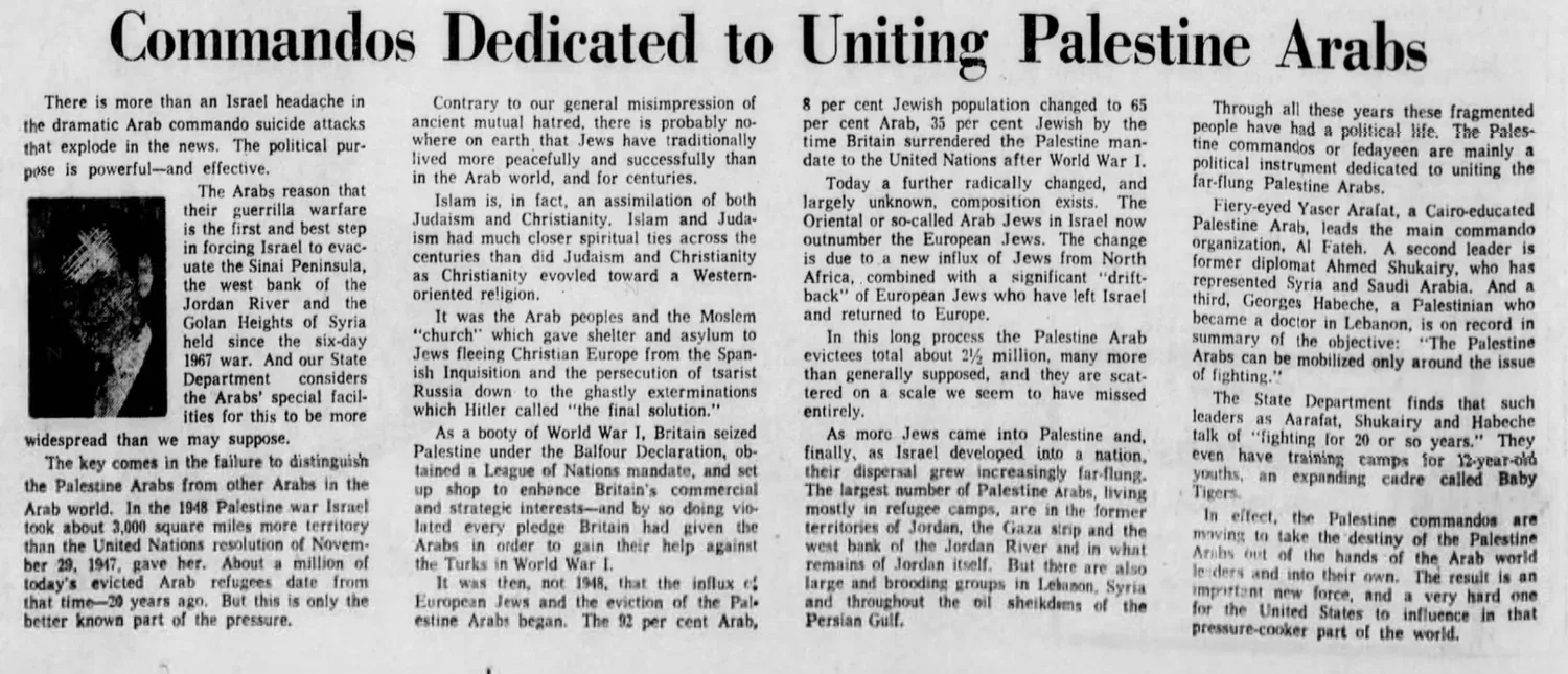 Commandos Dedicated to Uniting Palestine Arabs — The Star Press, 28 April 1969