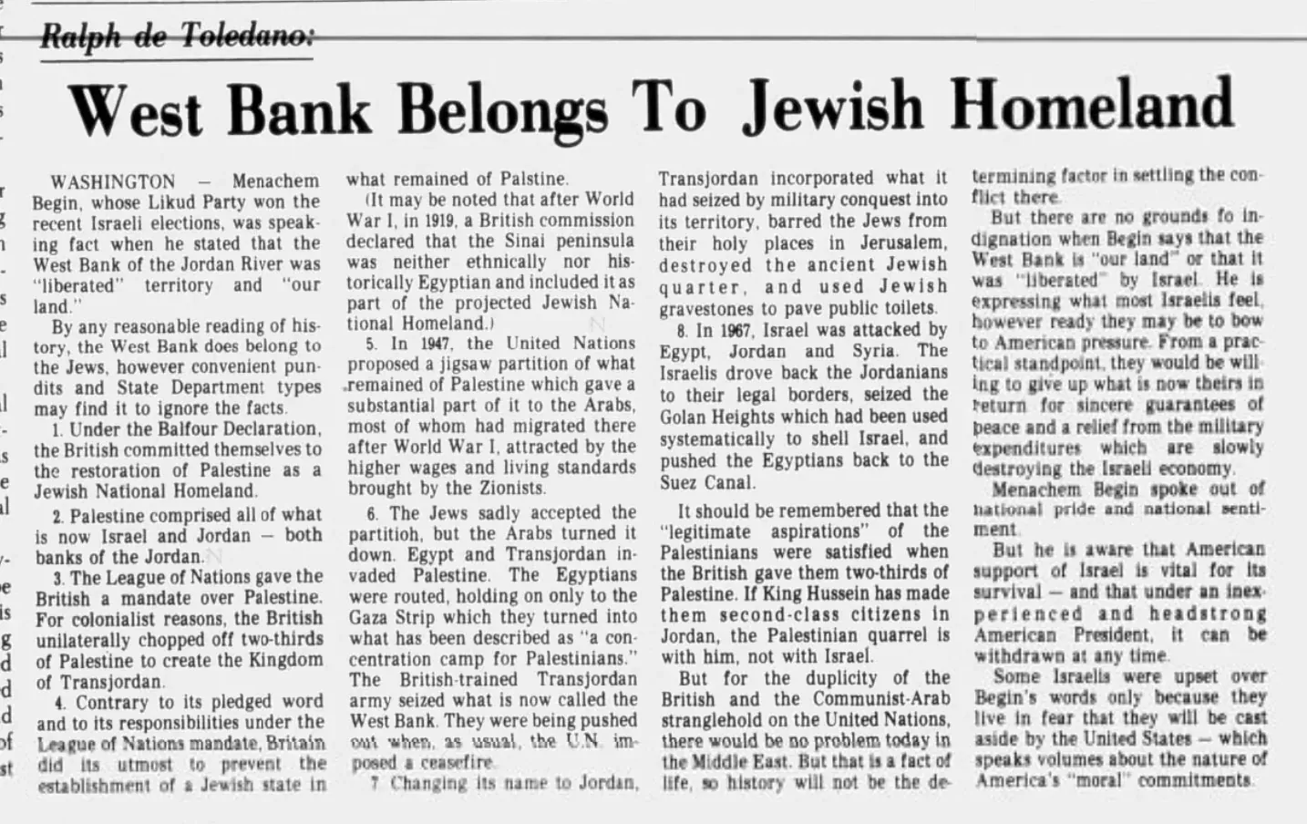 West Bank Belongs To Jewish Homeland — The News and Advance, 6 June 1977