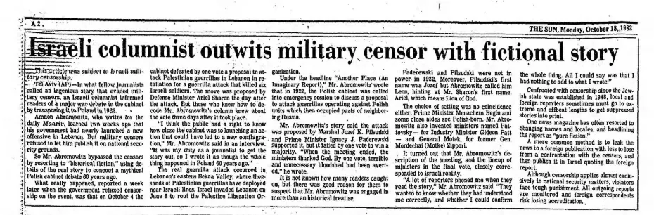 Israeli columnist outwits military censor with fictional story — The Baltimore Sun, 18 October 1982