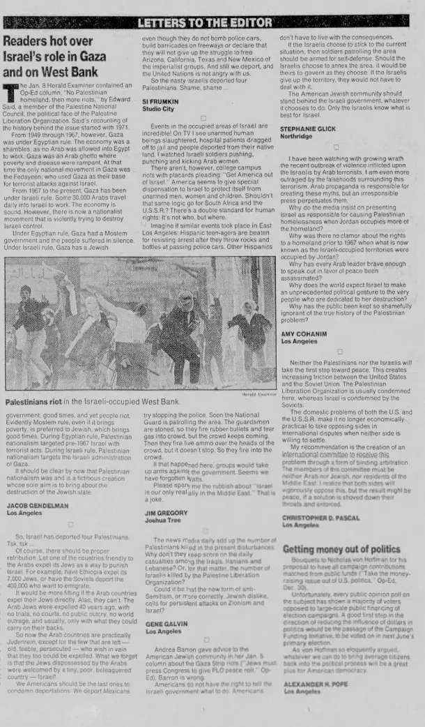 Readers hot over Israel's role in Gaza and on West Bank — LA Herald Examiner, 26 January 1988