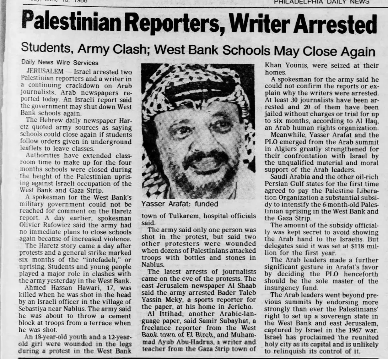 Palestinian Reporters, Writer Arrested — Philadelphia Daily News, 10 June 1988
