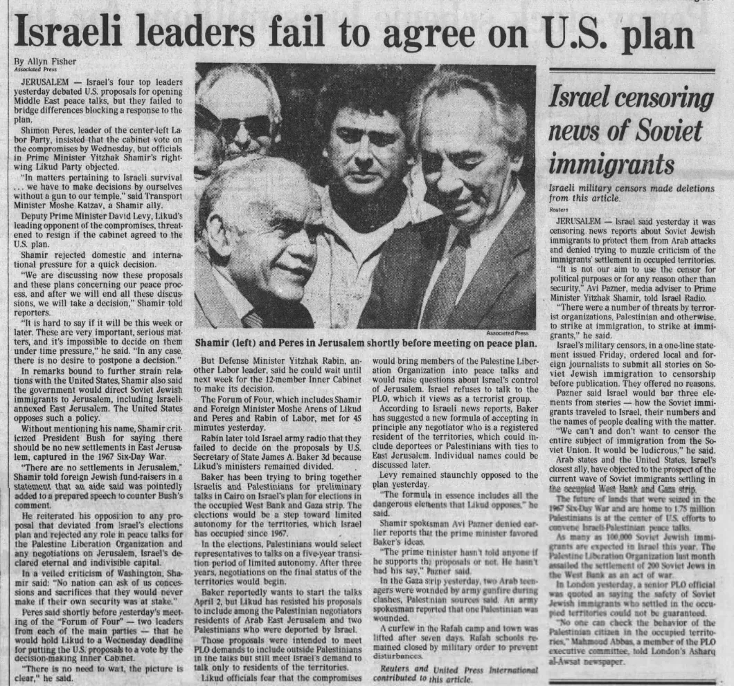Israel censoring news of Soviet immigrants — (newspaper unidentified), 1 January 1990