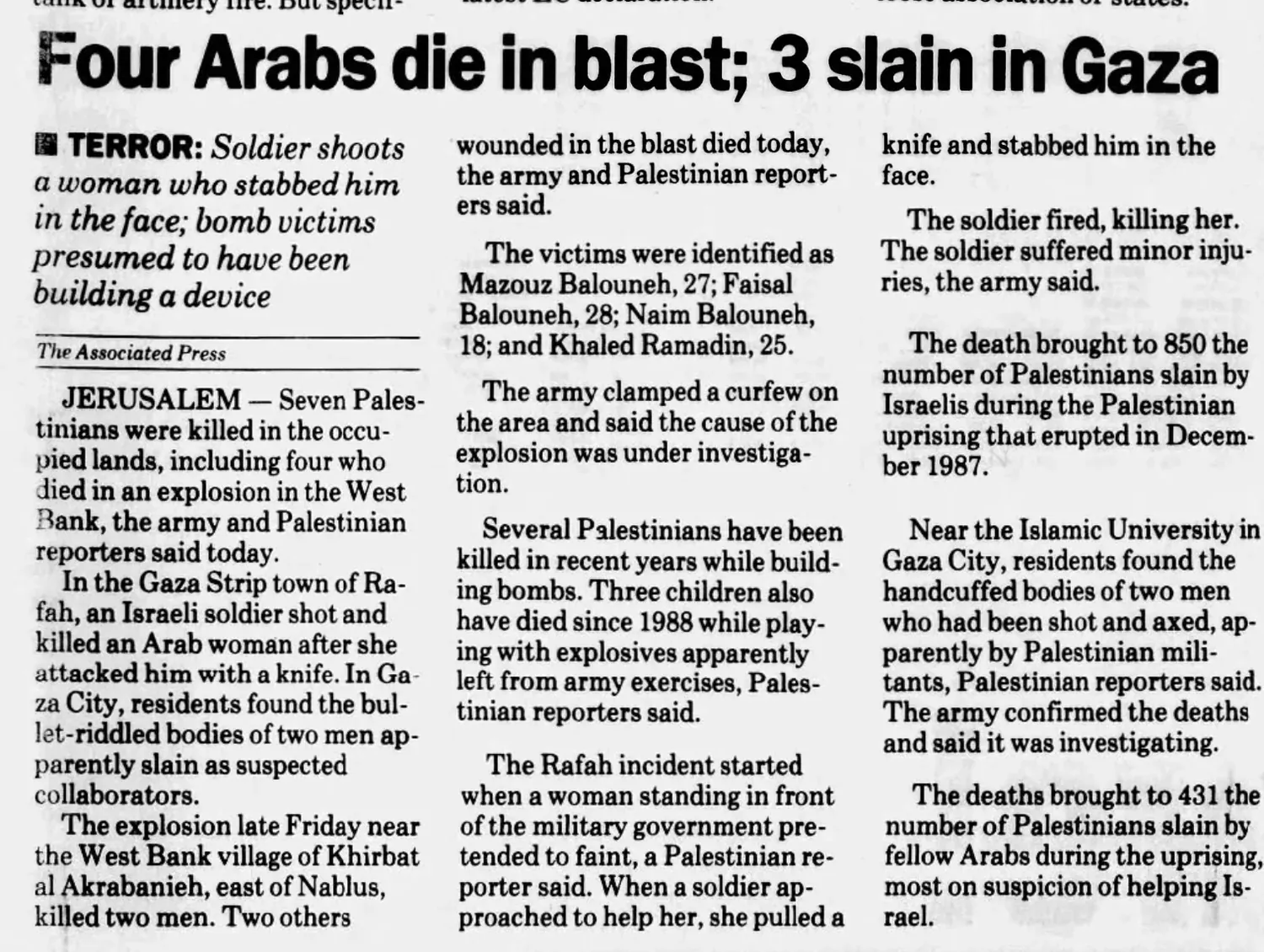 Four Arabs die in blast; 3 slain in Gaza — Wisconsin State Journal, 7 December 1993