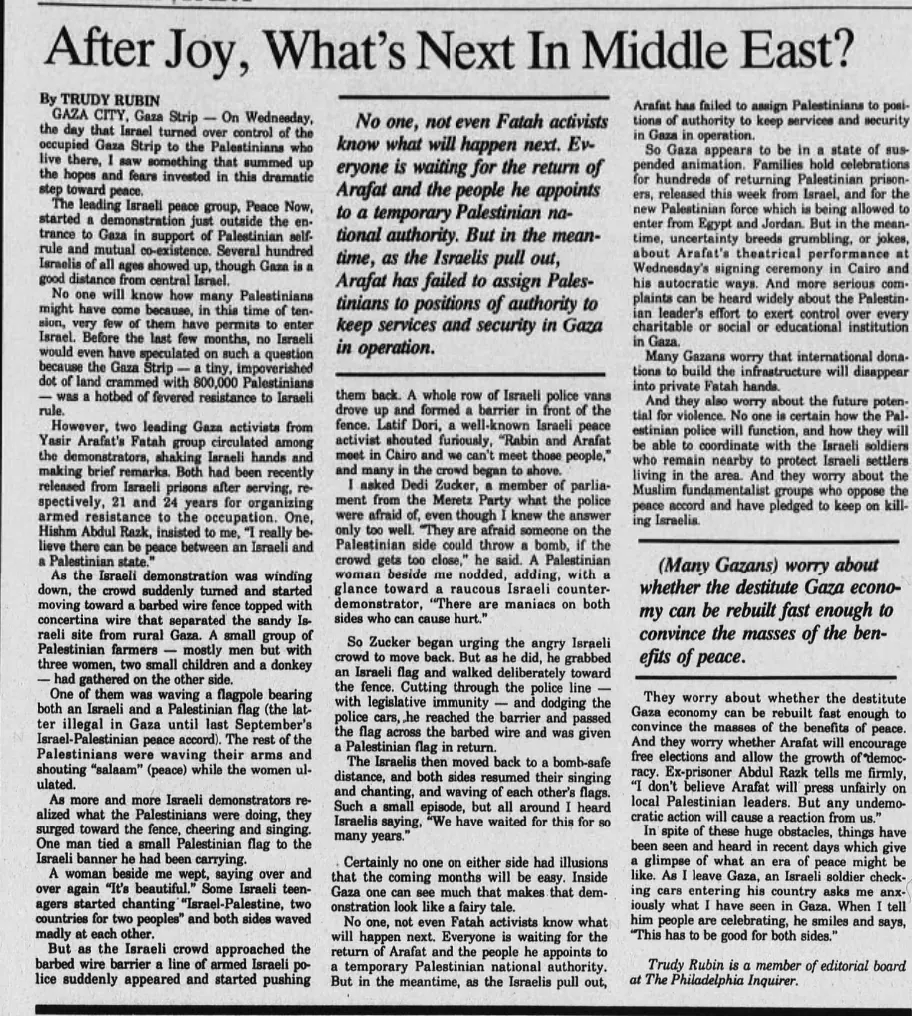 After Joy, What's Next In Middle East? — Rutland Daily Herald, 8 May 1994
