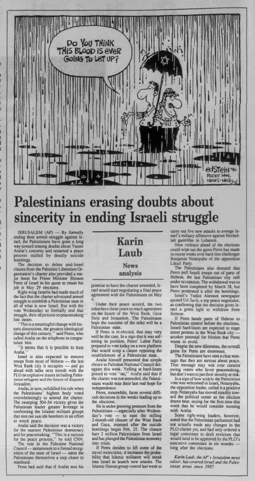 Palestinians erasing doubts about sincerity in ending Israeli struggle — Paris Post-Intelligencer, 25 April 1996