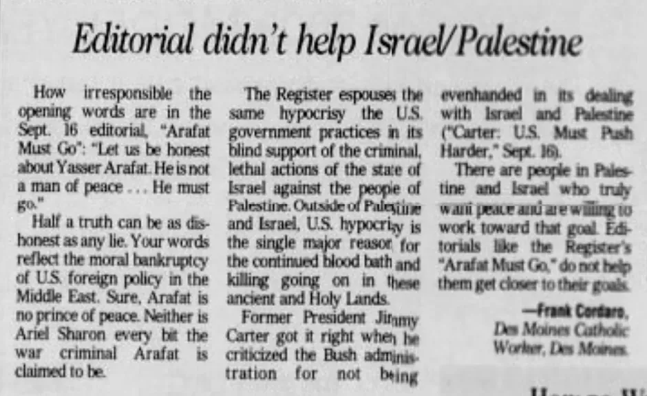 Editorial didn't help Israel/Palestine — Des Moines Register, 25 September 2003