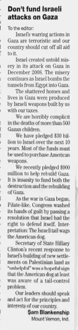 Don't fund Israeli attacks on Gaza — Evansville Courier & Press, 9 April 2009