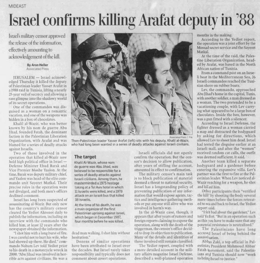 Israel confirms killing Arafat deputy in '88 — Roanoke Times, 2 November 2012