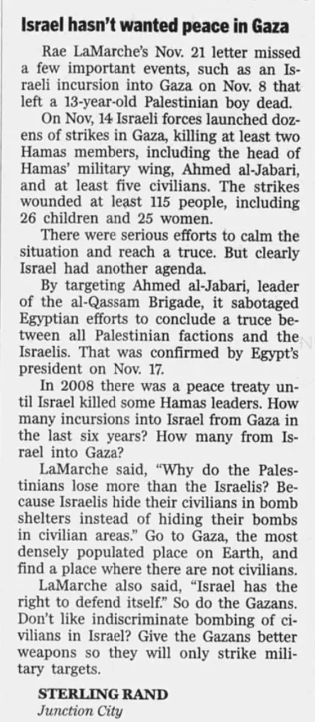 Israel hasn't wanted peace in Gaza — The Register-Guard, 25 November 2012