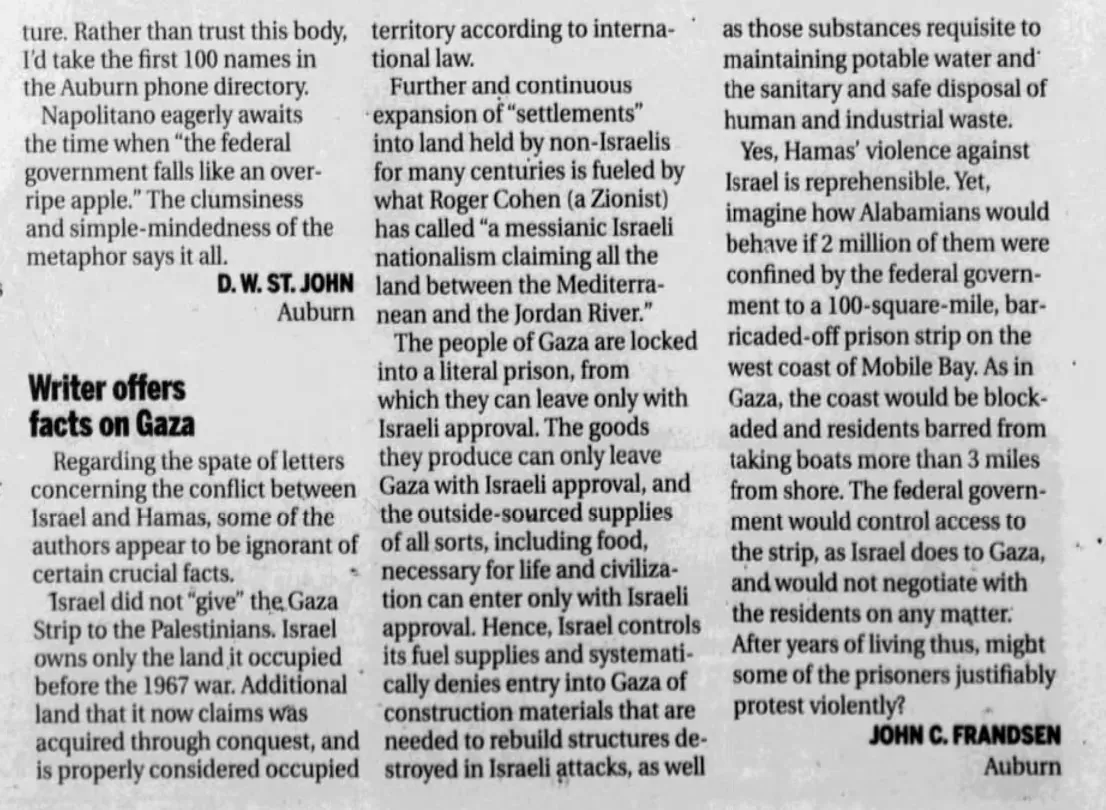 Writer offers facts on Gaza — The Register-Guard, 25 November 2012