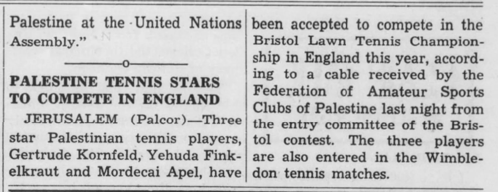 Palestine Tennis Stars To Compete In England &mdash; Arizona Post, 4 July 1947