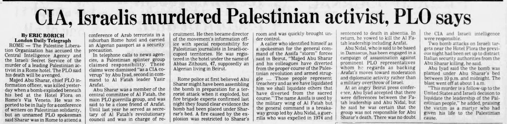 CIA, Israelis murdered Palestinian activist, PLO says &mdash; Syracuse Herald Journal, 10 October 1981