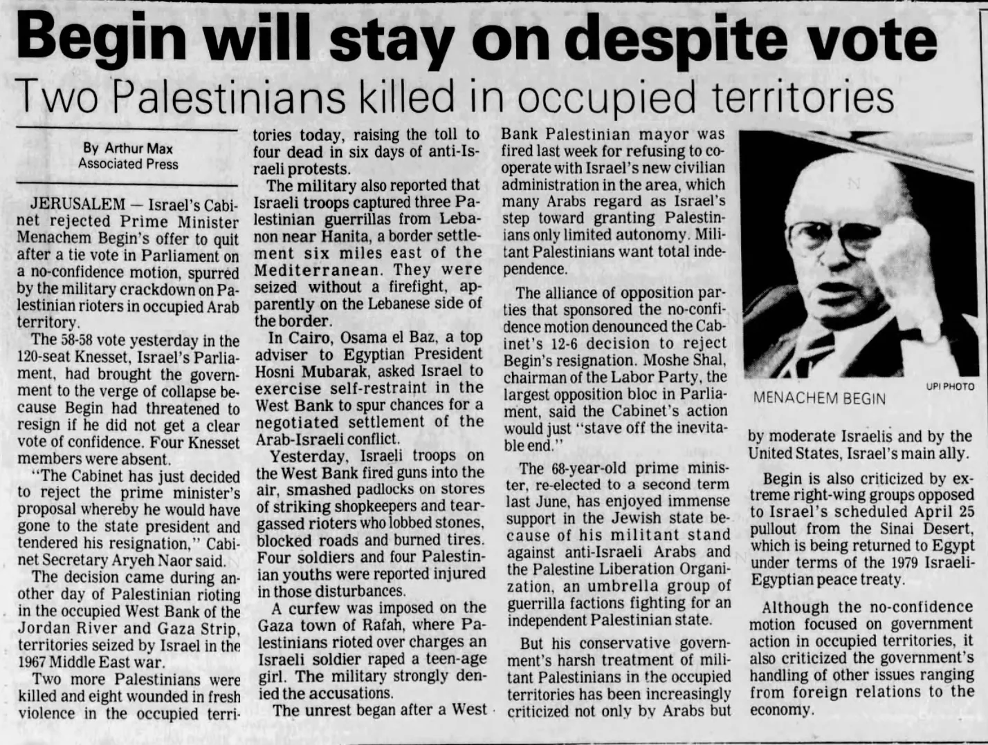 Begin will stay on despite vote &mdash; Stamford Advocate, 24 March 1982