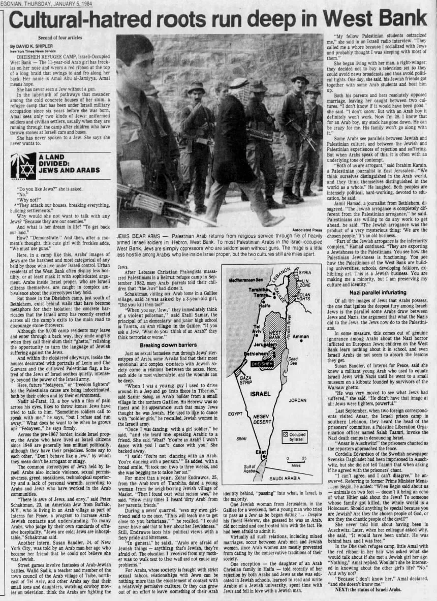 Cultural-hatred roots run deep in West Bank &mdash; The Oregonian, 5 January 1984