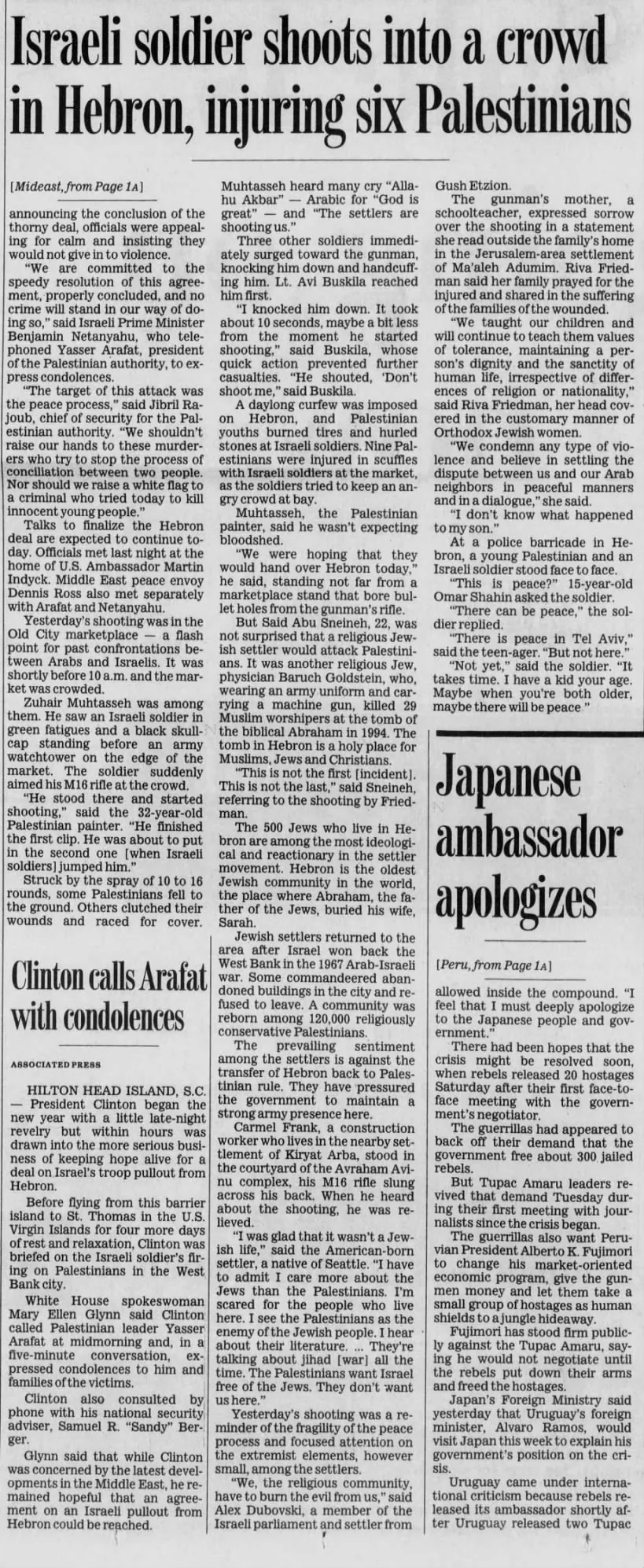 Israeli soldier shoots into a crowd in Hebron, injuring six Palestinians — The Baltimore Sun, 2 January 1997