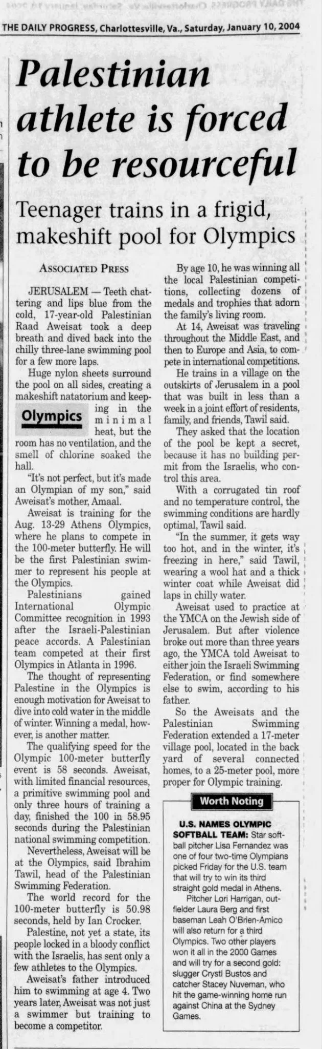 Palestinian athlete is forced to be resourceful &mdash; The Daily Progress, 10 January 2004