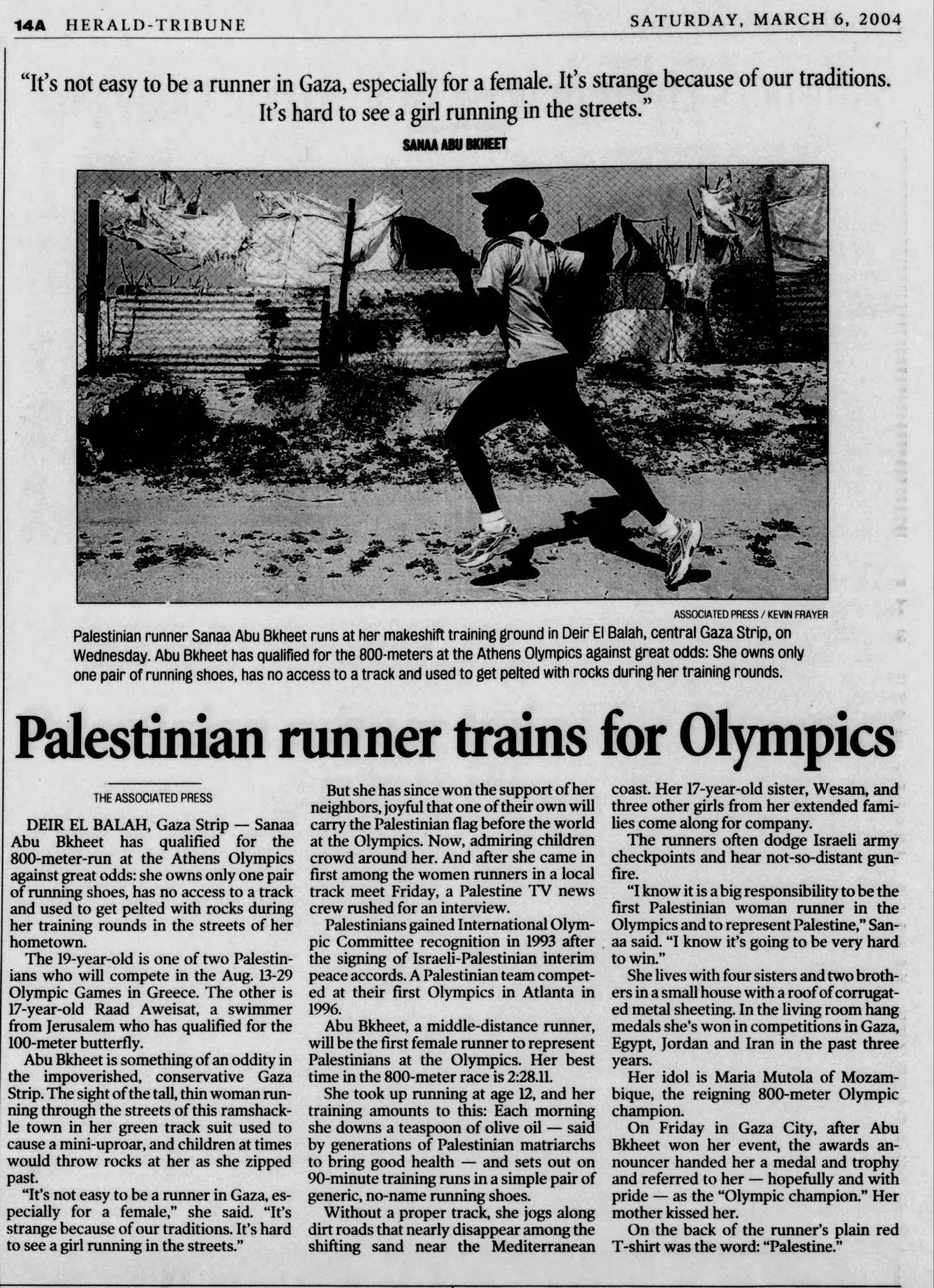 Palestinian runner trains for Olympics &mdash; Sarasota Herald-Tribune, 6 March 2004