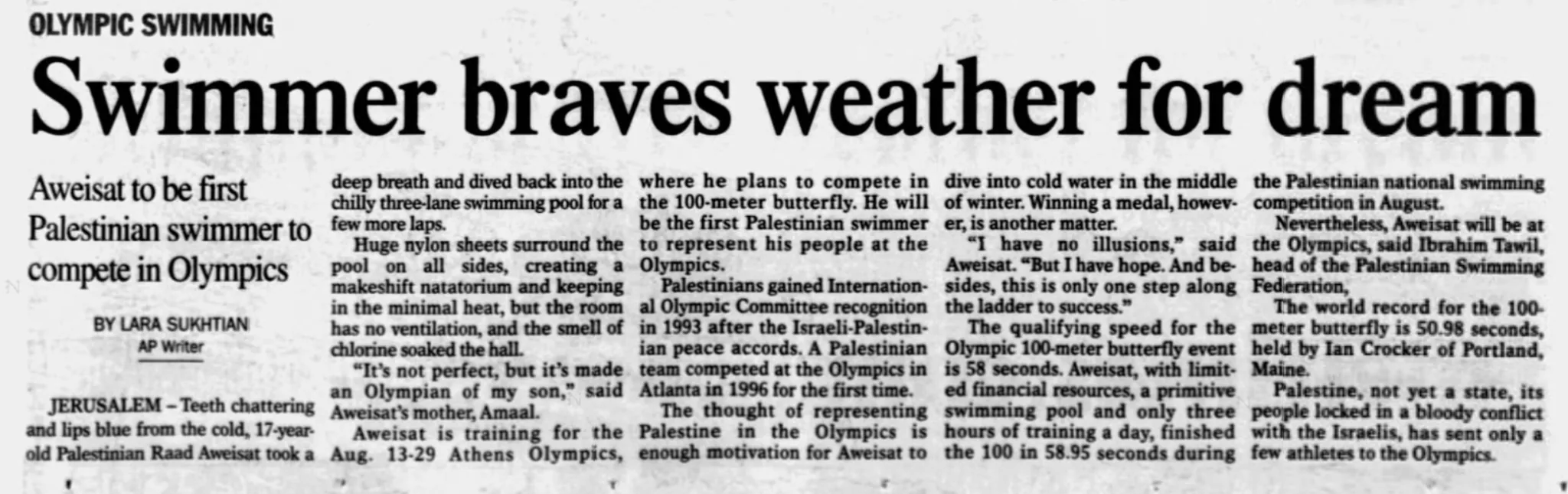 Swimmer braves weather for dream &mdash; The Times, 10 January 2004