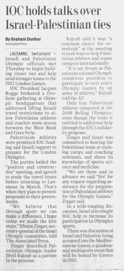 IOC holds talks over Israel-Palestinian ties &mdash; Times Record News, 21 January 2011