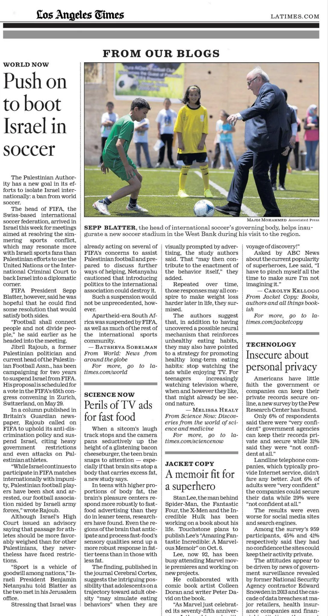Push on to boot Israel in soccer &mdash; Los Angeles Times, 24 May 2015