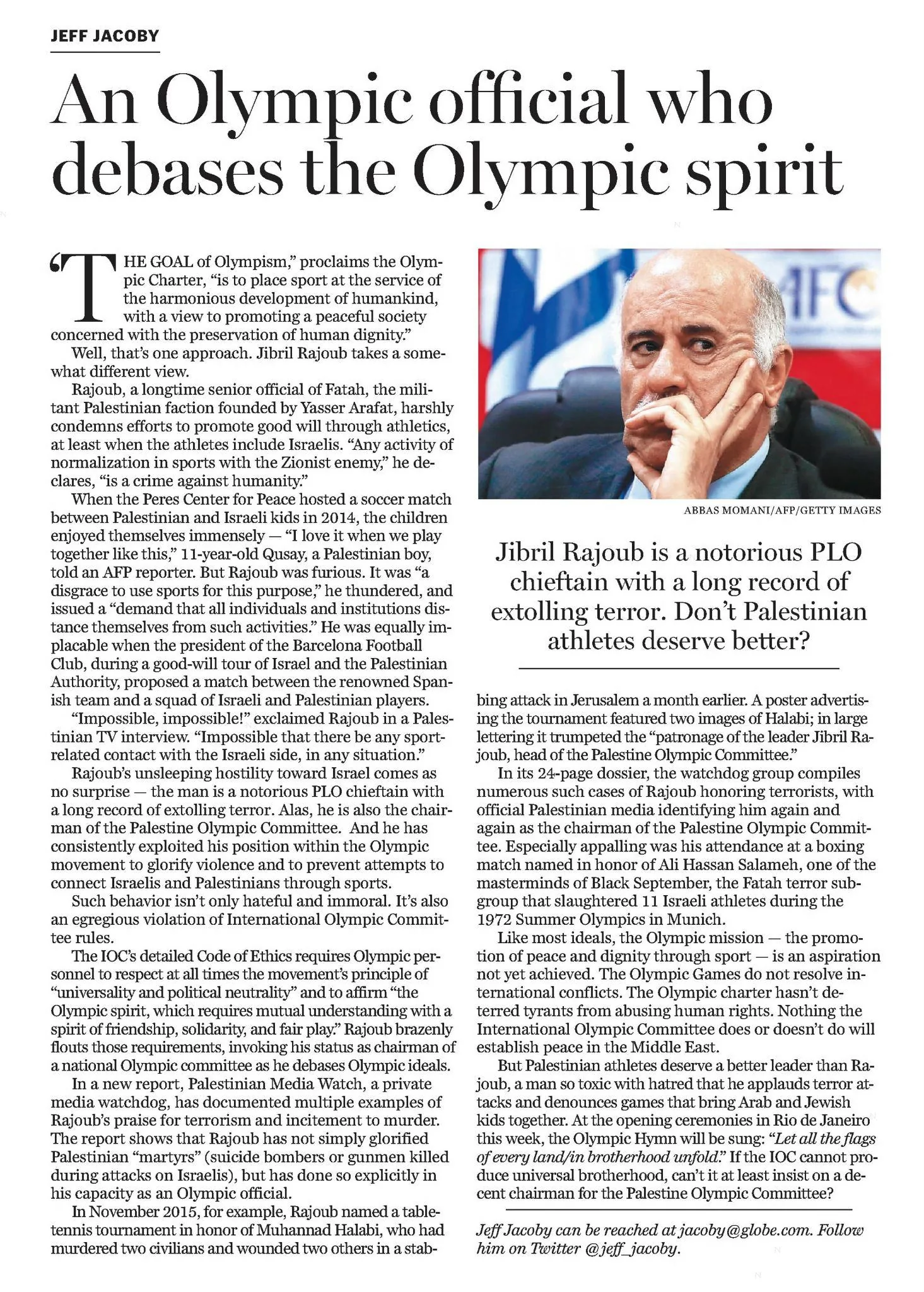 An Olympic official who debases the Olympic spirit &mdash; The Boston Globe, 3 August 2016
