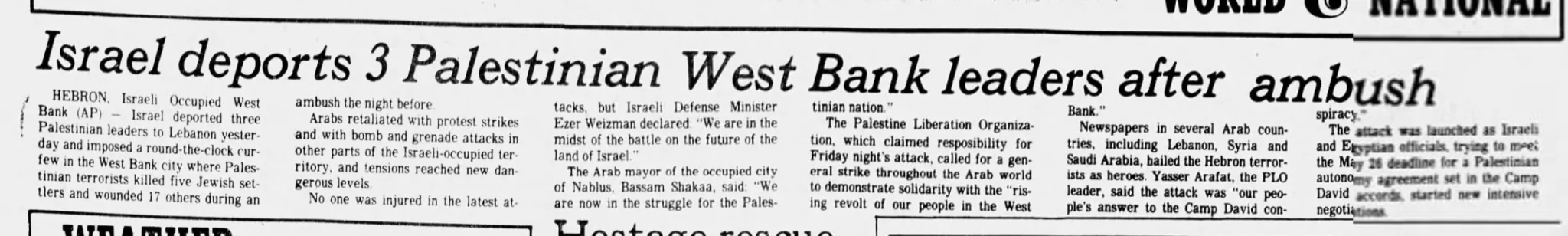 Israel deports 3 Palestinian West Bank leaders after ambush &mdash; Central New Jersey Home News, 4 May 1980