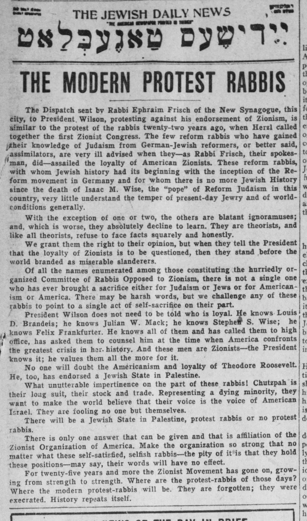 The Modern Protest Rabbis — The Jewish Daily News, 11 September 1918