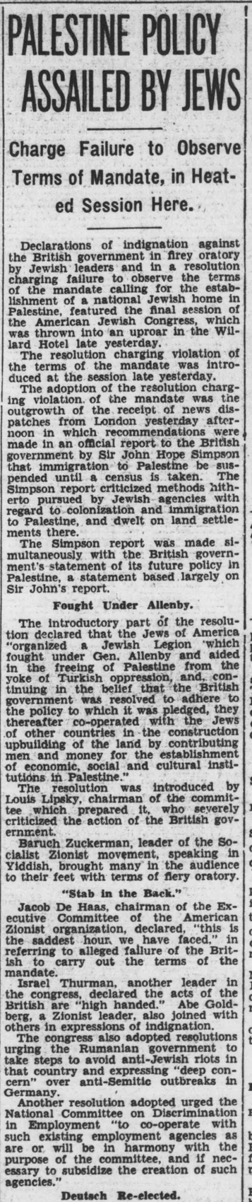 Palestine Policy Assailed by Jews — Evening Star, 21 October 1930