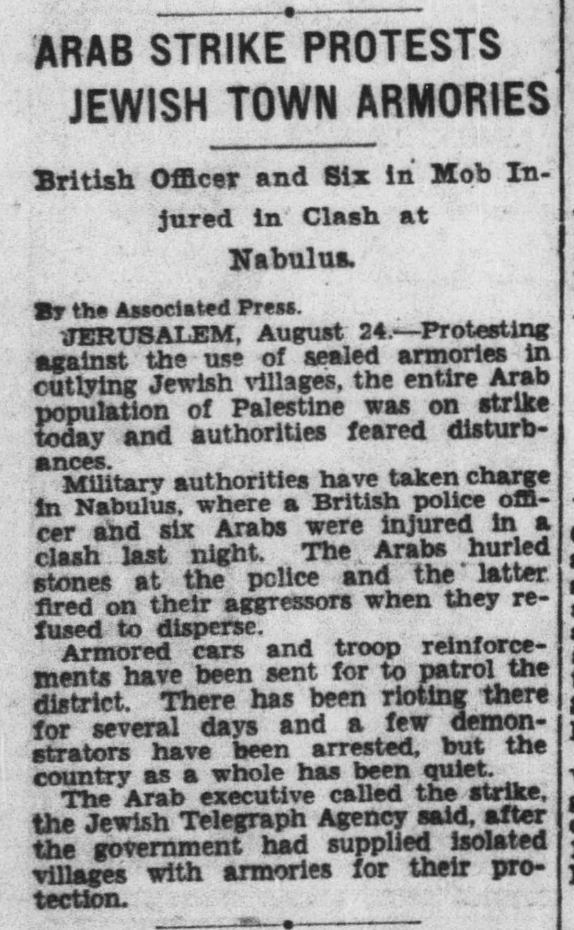 Arab Strike Protests Jewish Town Armories — Evening Star, 24 August 1931