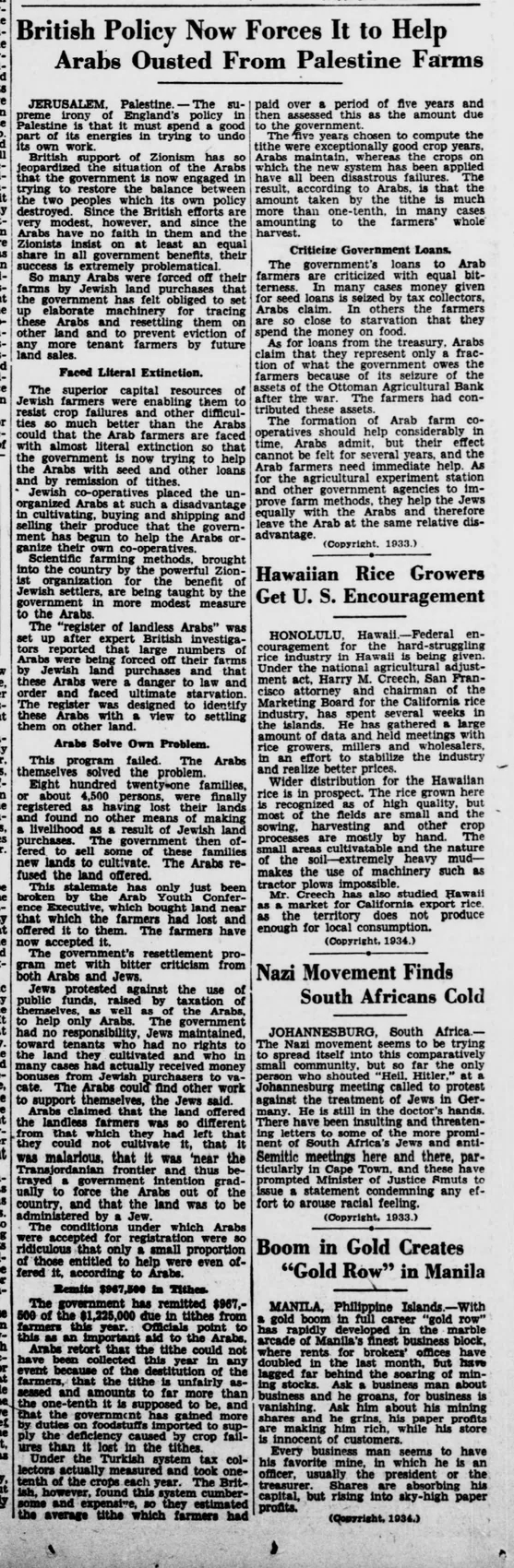 British Policy Now Forces It to Help Arabs Ousted From Palestine Farms — Evening Star, 14 January 1934