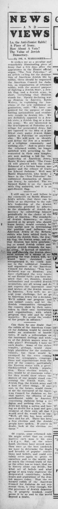 Lo, the Anti-Zionist Rabbi! A Piece of Irony. How About A Vote? The Value of Jewish Democracy. — The Day, 15 December 1942