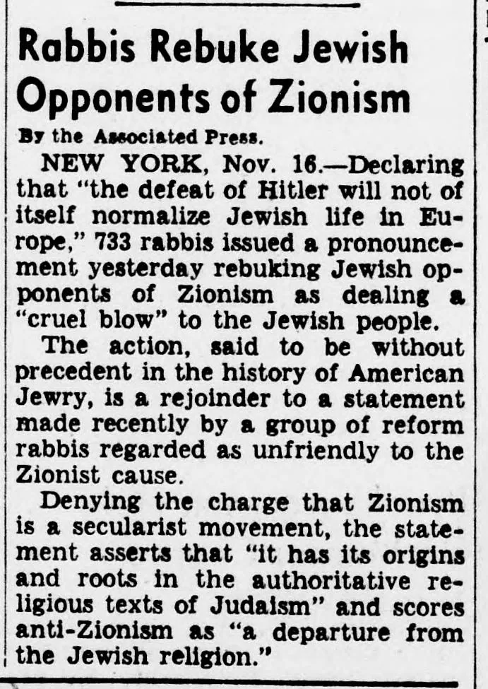 Rabbis Rebuke Jewish Opponents of Zionism — Evening Star, 16 November 1942