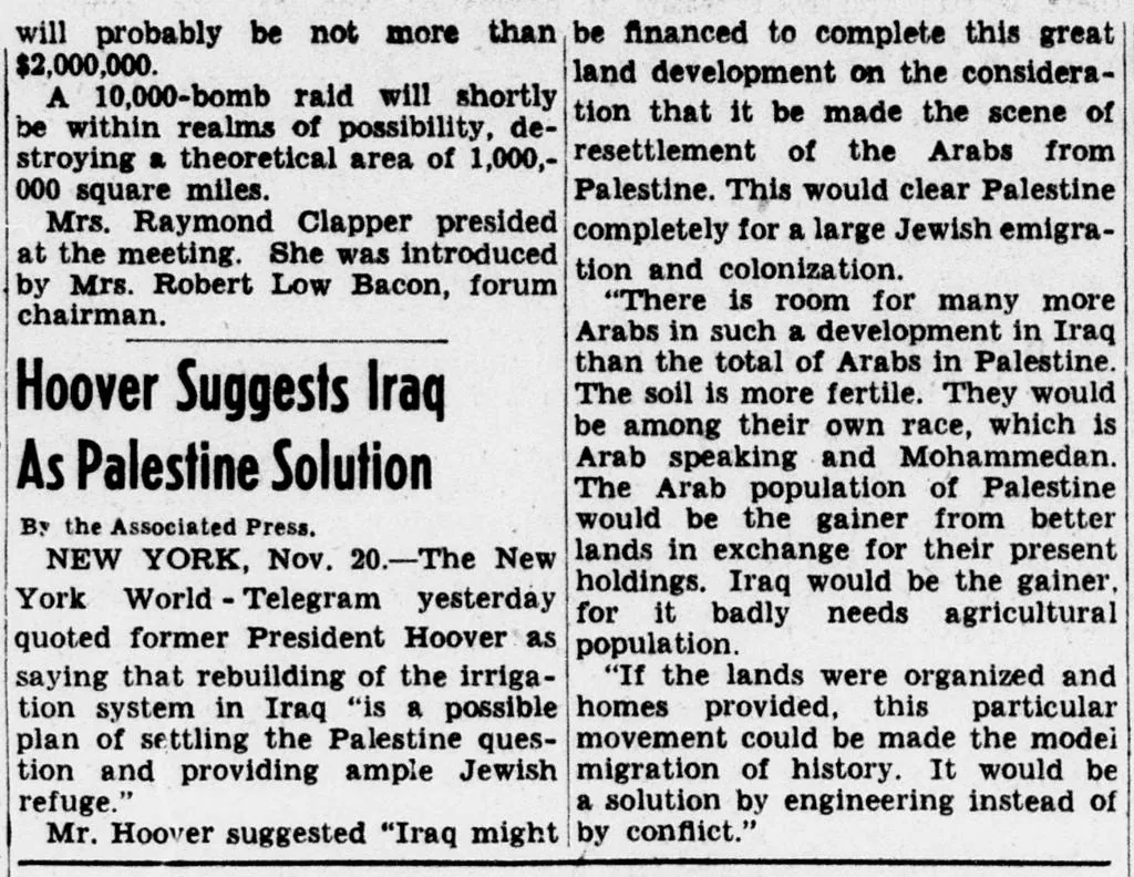 Hoover Suggests Iraq As Palestine Solution — Evening Star, 20 November 1945