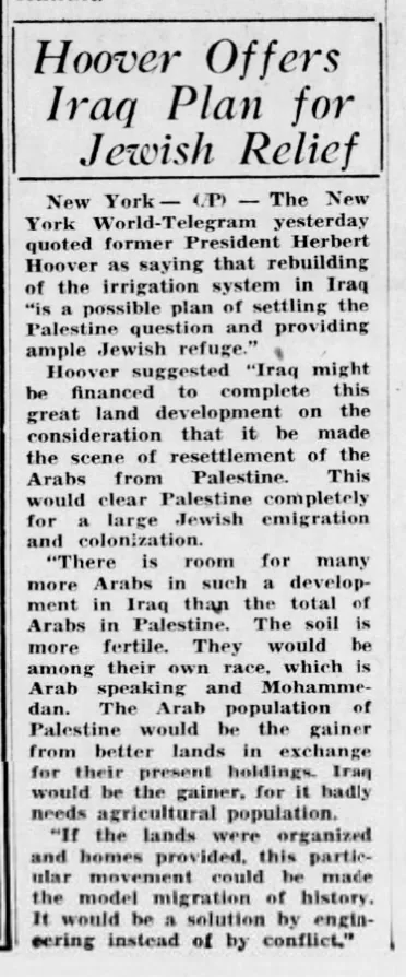 Hoover Offers Iraq Plan for Jewish Relief — Democrat and Chronicle, 20 November 1945