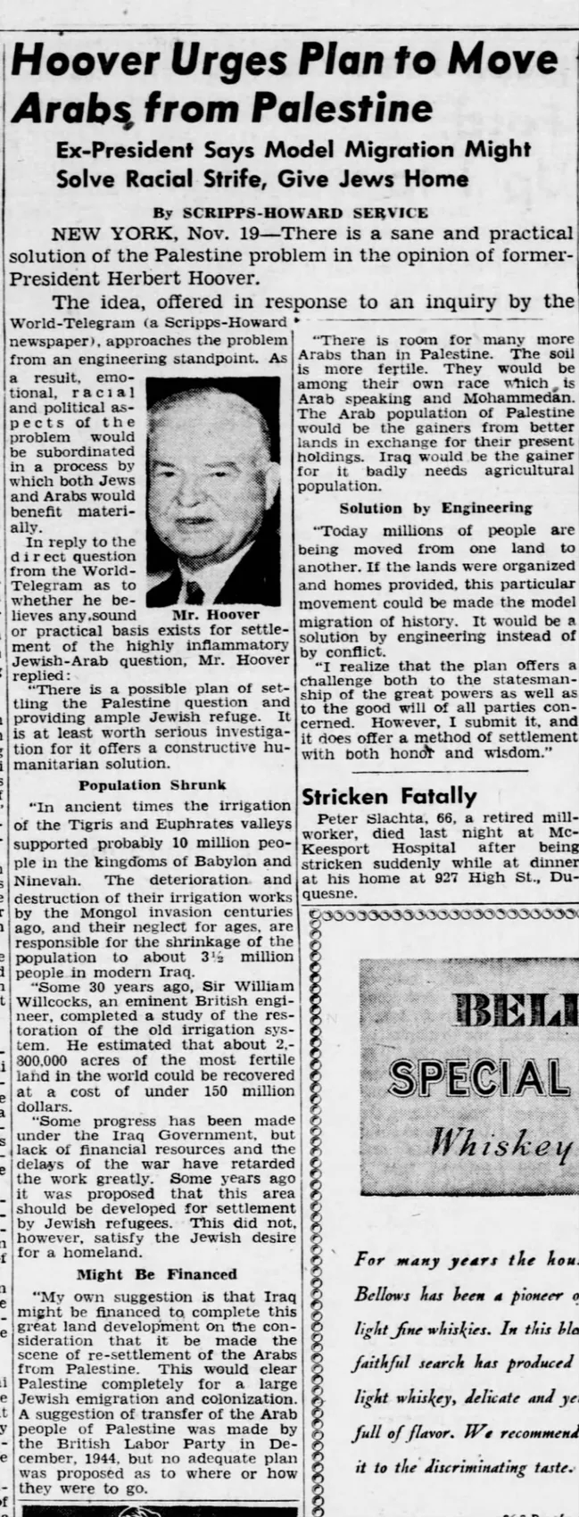 Hoover Urges Plan to Move Arabs from Palestine — Pittsburgh Press, 19 November 1945