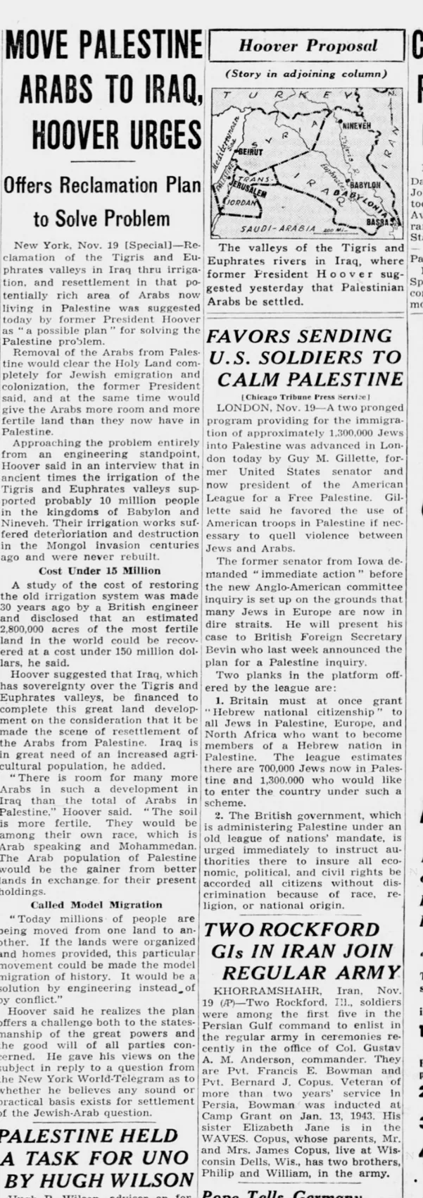 Move Palestine Arabs To Iraq, Hoover Urges — Chicago Tribune, 20 November 1945