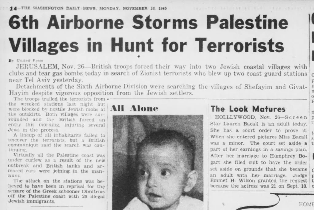 6th Airborne Storms Palestine Villages in Hunt for Terrorists — Washington Daily News, 26 November 1945