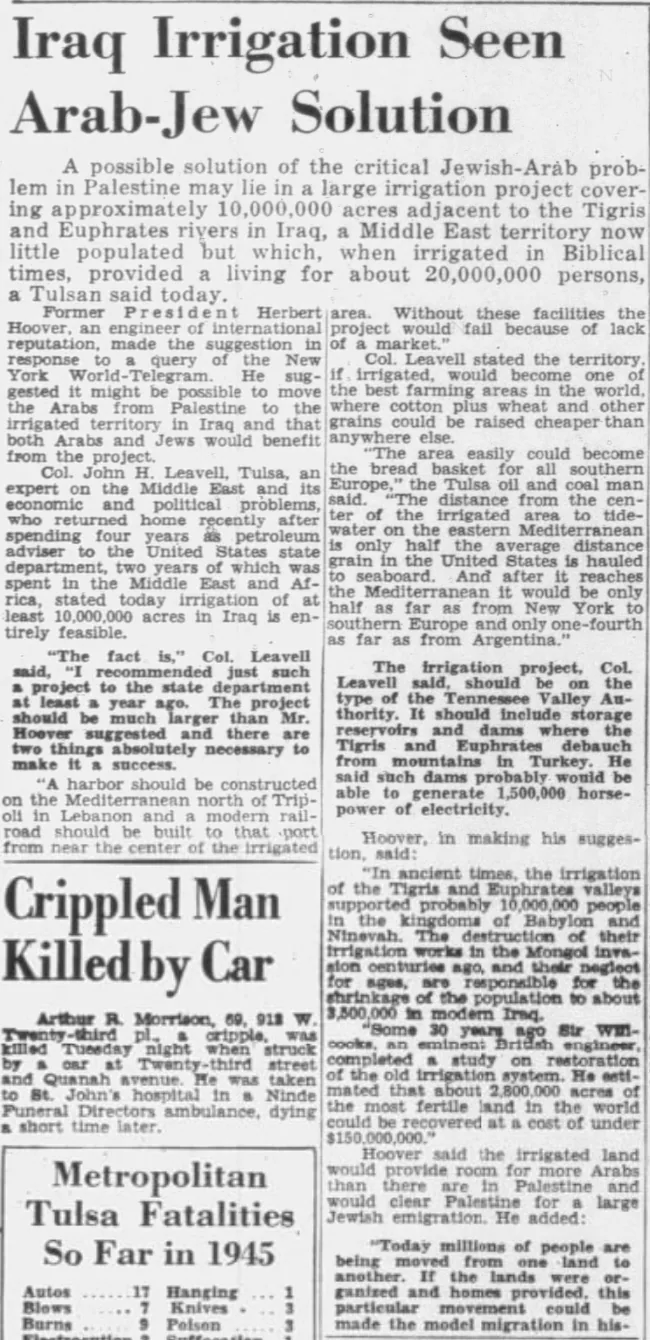 Iraq Irrigation Seen Arab-Jew Solution — Tulsa Tribune, 21 November 1945