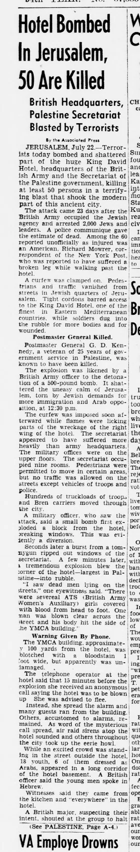 Hotel Bombed In Jerusalem, 50 Are Killed — Evening Star, 22 July 1946